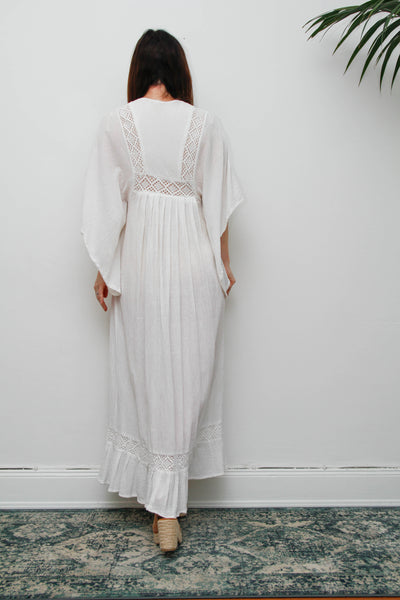 Vintage Off-White Cotton Gauze Bohemian Maxi Dress-Lace Insert Ethereal Dress
