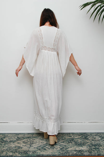 Vintage Off-White Cotton Gauze Bohemian Maxi Dress-Lace Insert Ethereal Dress