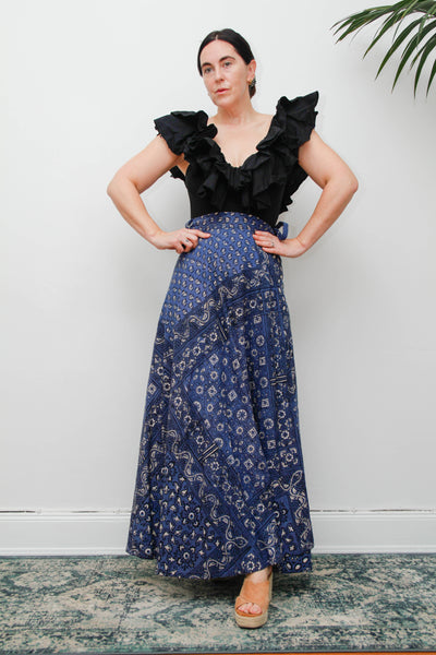 Rare Vintage Indian Cotton Block Print Wrap Maxi Skirt