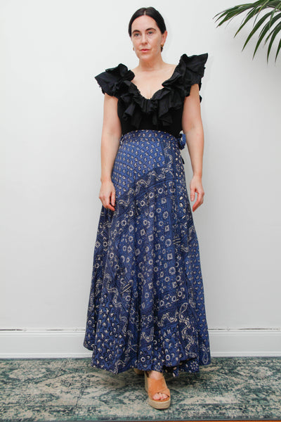 Rare Vintage Indian Cotton Block Print Wrap Maxi Skirt
