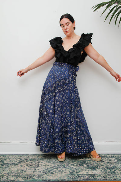 Rare Vintage Indian Cotton Block Print Wrap Maxi Skirt