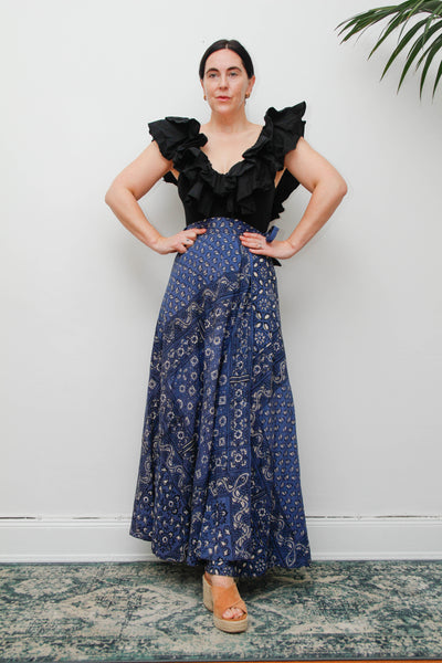 Rare Vintage Indian Cotton Block Print Wrap Maxi Skirt
