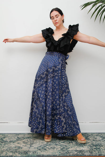 Rare Vintage Indian Cotton Block Print Wrap Maxi Skirt