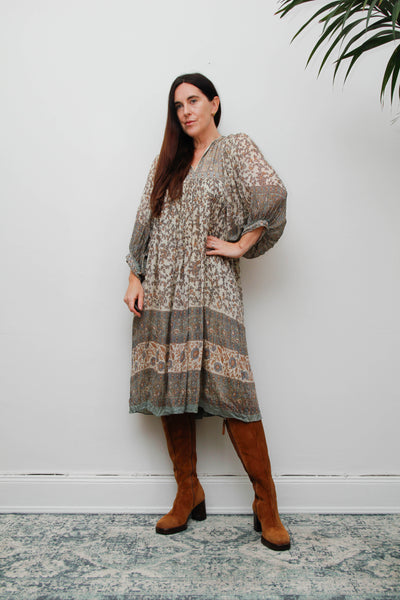 70s Indian Silk Floral Dress by Ritu Kumar for Judith Ann