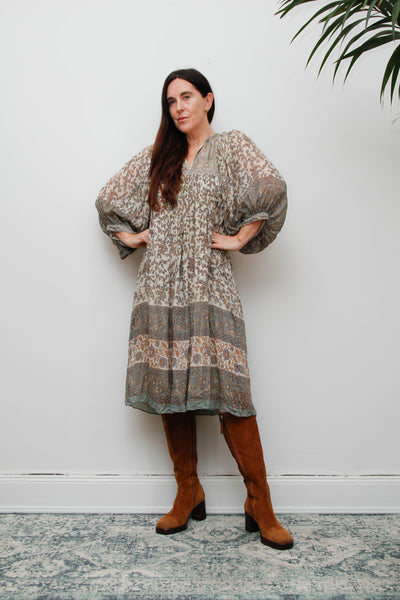 70s Indian Silk Floral Dress by Ritu Kumar for Judith Ann