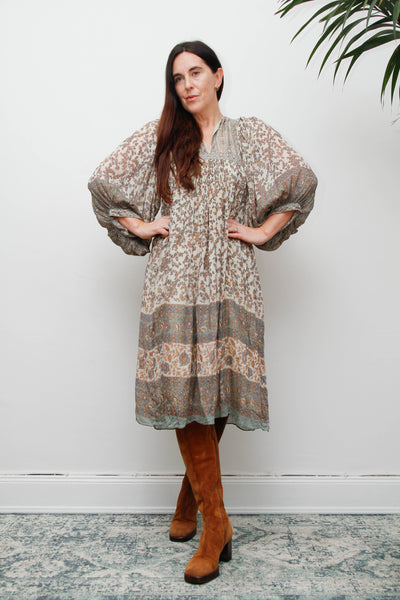 70s Indian Silk Floral Dress by Ritu Kumar for Judith Ann