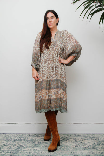 70s Indian Silk Floral Dress by Ritu Kumar for Judith Ann