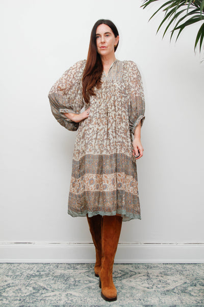 70s Indian Silk Floral Dress by Ritu Kumar for Judith Ann