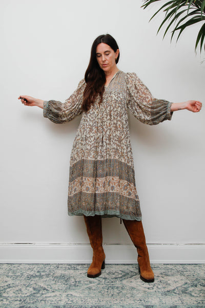 70s Indian Silk Floral Dress by Ritu Kumar for Judith Ann