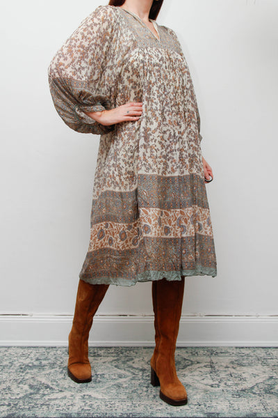 70s Indian Silk Floral Dress by Ritu Kumar for Judith Ann