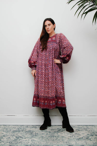 Rare Vintage Indian Cotton Block Print Dress with Balloon Poet Sleeves