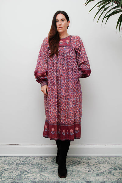 Rare Vintage Indian Cotton Block Print Dress with Balloon Poet Sleeves