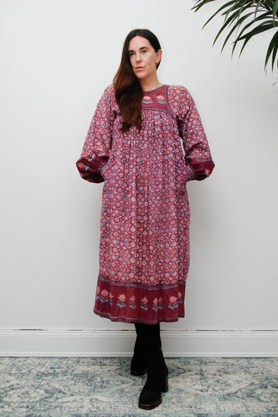 Rare Vintage Indian Cotton Block Print Dress with Balloon Poet Sleeves