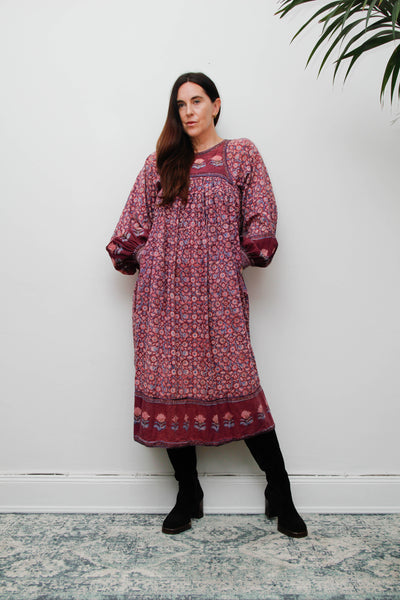 Rare Vintage Indian Cotton Block Print Dress with Balloon Poet Sleeves
