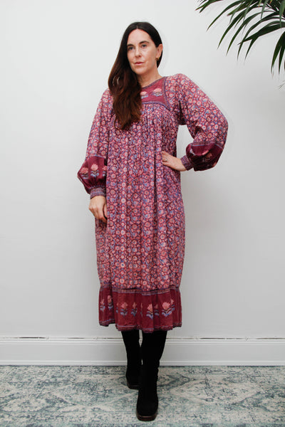 Rare Vintage Indian Cotton Block Print Dress with Balloon Poet Sleeves