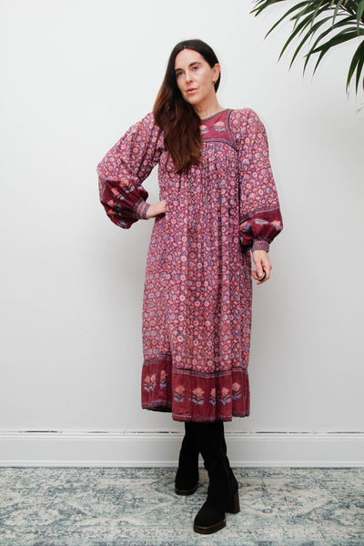 Rare Vintage Indian Cotton Block Print Dress with Balloon Poet Sleeves