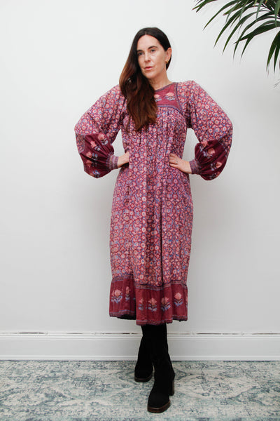 Rare Vintage Indian Cotton Block Print Dress with Balloon Poet Sleeves