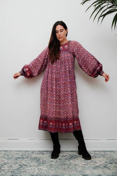 Rare Vintage Indian Cotton Block Print Dress with Balloon Poet Sleeves
