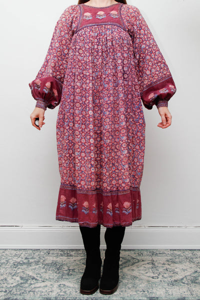 Rare Vintage Indian Cotton Block Print Dress with Balloon Poet Sleeves
