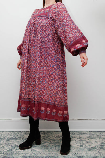 Rare Vintage Indian Cotton Block Print Dress with Balloon Poet Sleeves