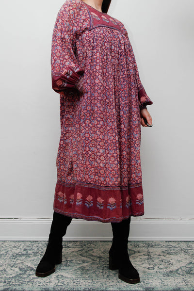 Rare Vintage Indian Cotton Block Print Dress with Balloon Poet Sleeves