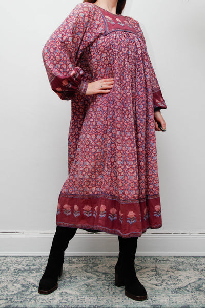 Rare Vintage Indian Cotton Block Print Dress with Balloon Poet Sleeves