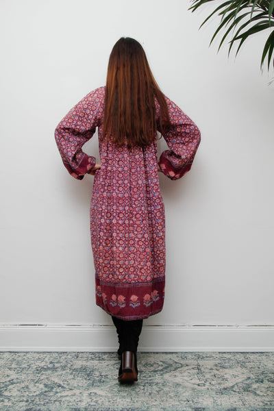 Rare Vintage Indian Cotton Block Print Dress with Balloon Poet Sleeves