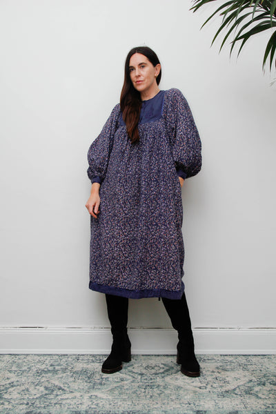 Vintage Indian Block Print Cotton Dress with Billowing Balloon Sleeves