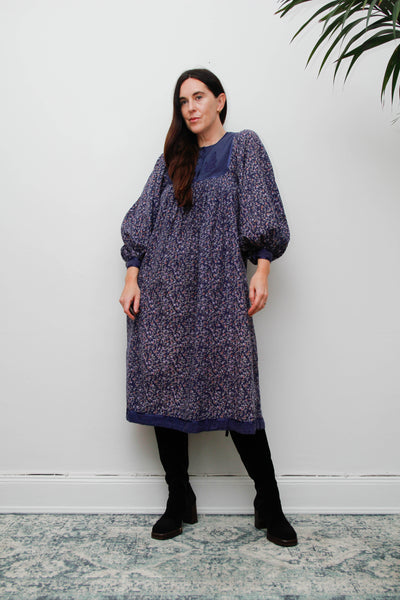 Vintage Indian Block Print Cotton Dress with Billowing Balloon Sleeves
