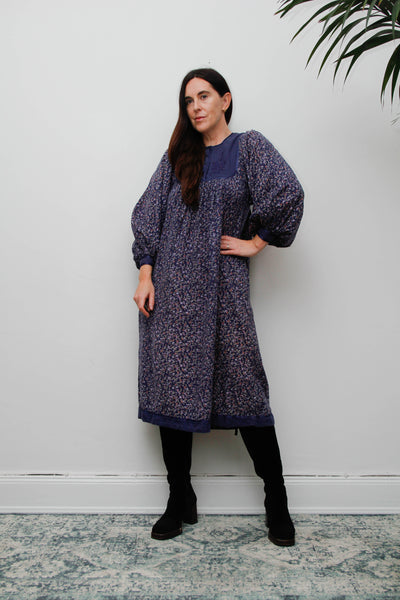Vintage Indian Block Print Cotton Dress with Billowing Balloon Sleeves