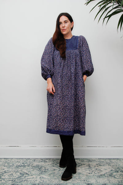Vintage Indian Block Print Cotton Dress with Billowing Balloon Sleeves