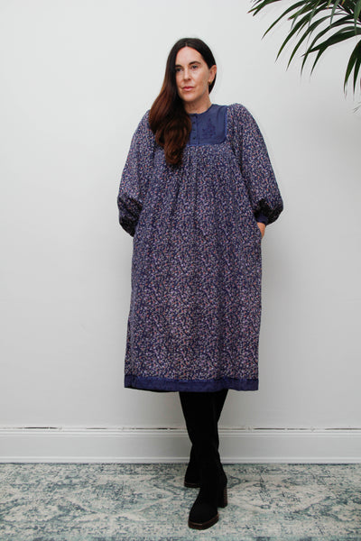 Vintage Indian Block Print Cotton Dress with Billowing Balloon Sleeves