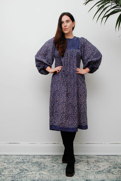 Vintage Indian Block Print Cotton Dress with Billowing Balloon Sleeves