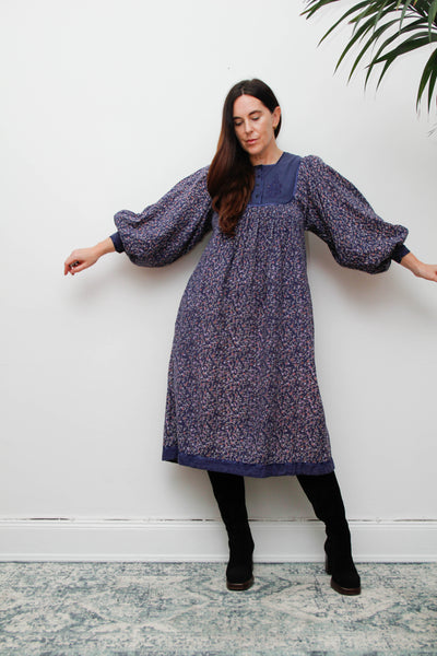 Vintage Indian Block Print Cotton Dress with Billowing Balloon Sleeves
