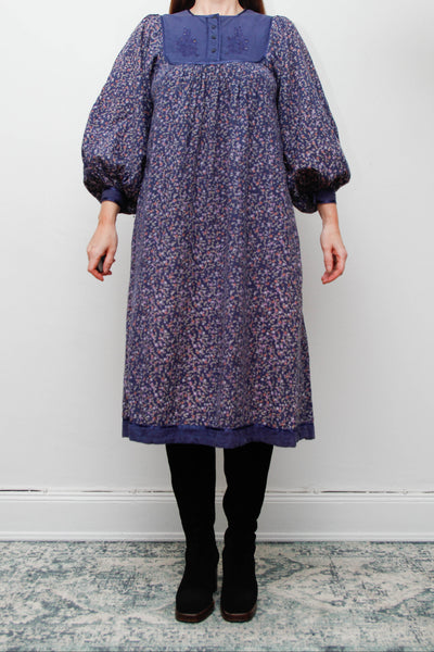 Vintage Indian Block Print Cotton Dress with Billowing Balloon Sleeves