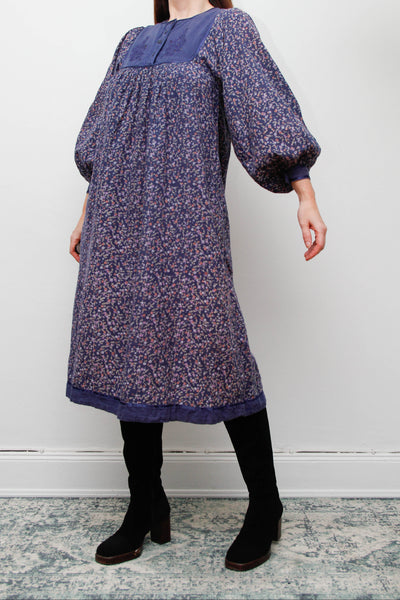 Vintage Indian Block Print Cotton Dress with Billowing Balloon Sleeves