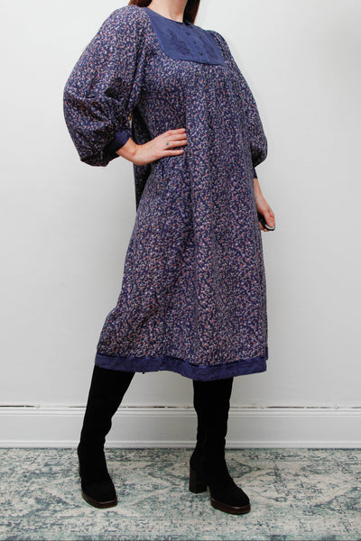 Vintage Indian Block Print Cotton Dress with Billowing Balloon Sleeves