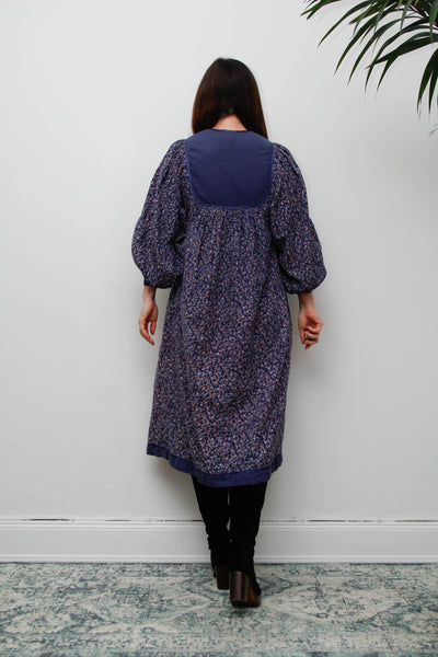 Vintage Indian Block Print Cotton Dress with Billowing Balloon Sleeves