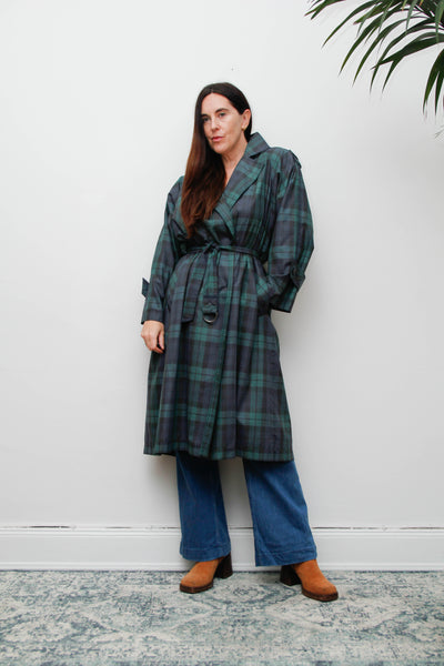 Vintage Navy and Green Tartan Trench Coat with Belt