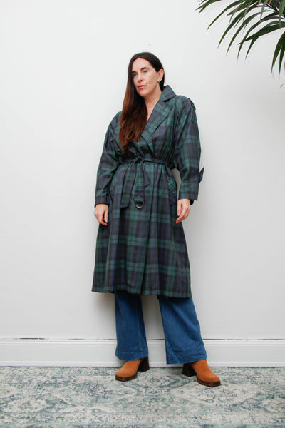 Vintage Navy and Green Tartan Trench Coat with Belt