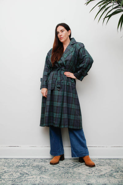 Vintage Navy and Green Tartan Trench Coat with Belt