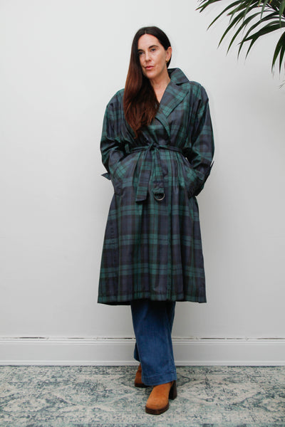 Vintage Navy and Green Tartan Trench Coat with Belt