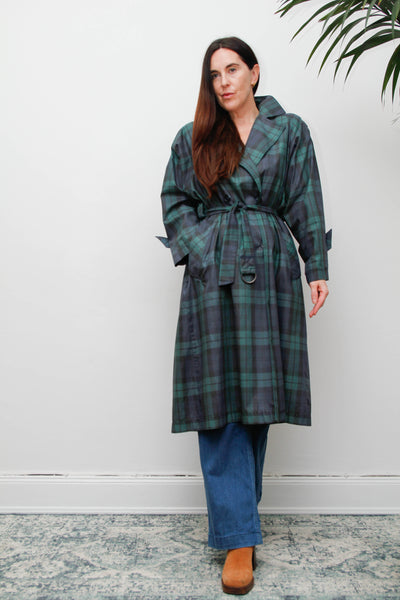 Vintage Navy and Green Tartan Trench Coat with Belt