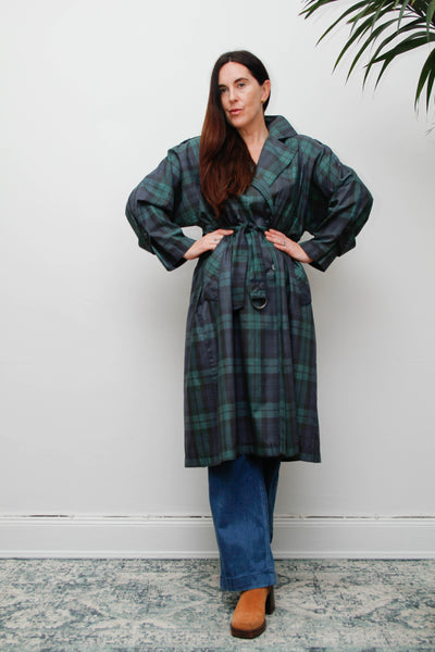 Vintage Navy and Green Tartan Trench Coat with Belt