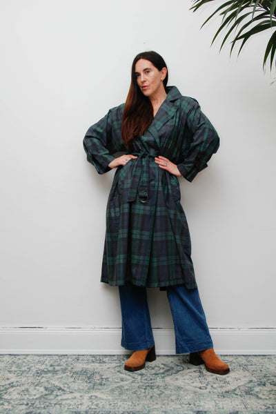 Vintage Navy and Green Tartan Trench Coat with Belt