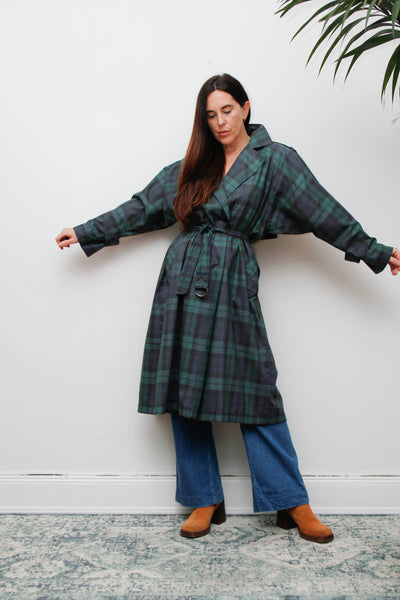 Vintage Navy and Green Tartan Trench Coat with Belt