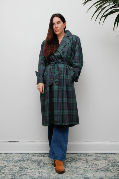Vintage Navy and Green Tartan Trench Coat with Belt