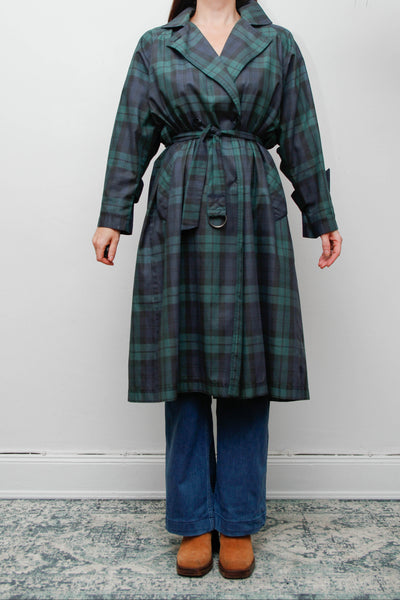 Vintage Navy and Green Tartan Trench Coat with Belt