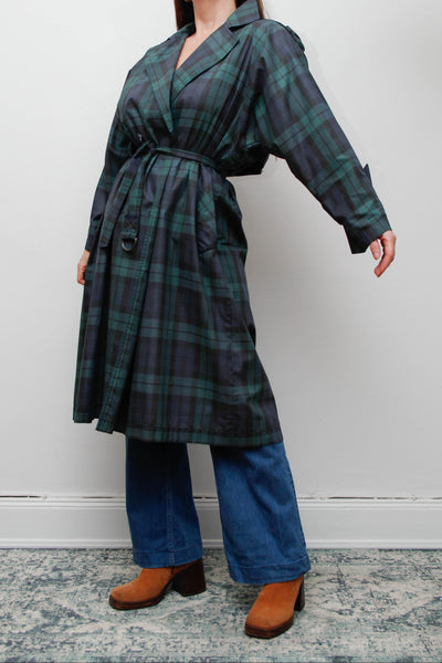 Vintage Navy and Green Tartan Trench Coat with Belt