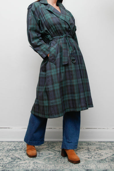 Vintage Navy and Green Tartan Trench Coat with Belt